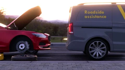 Being stranded on the side of the road with a flat tire. Roadside Assistance 4K Stock Footage 168764653