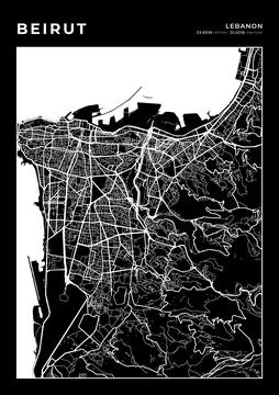 Beirut Map Wall Art Frame, Cartography Map Print, City Layout Map Stock-Illustration