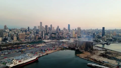 Beirut Port Explosion Blast Site Fire in July 2022 Drone Shot Stock Footage 202192605