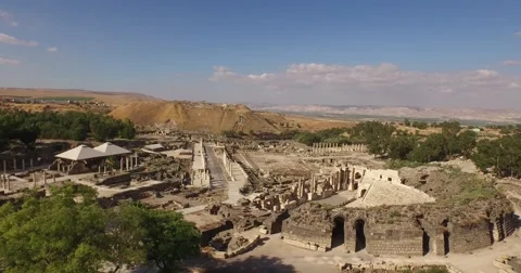 BEIT SHE’AN, ISRAEL (4K) - static aerial view of Roman amphitheater &amp; city Stock Footage 62901044