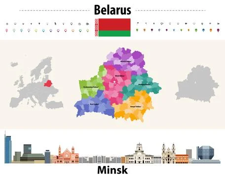 Belarus administrative divisions map. Flag of Belarus. Minsk cityscape. Vec.. Stock Illustration
