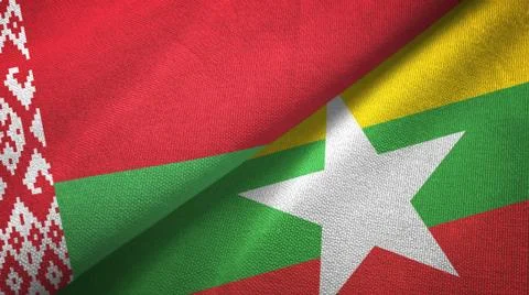 Belarus and Myanmar two flags textile cloth, fabric texture Stock Illustration