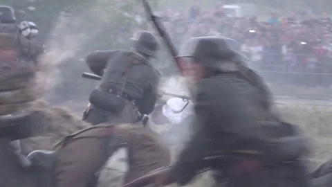 Belarus, Brest - June 22, 2017: simulation of the battle of Brest fortress. Hand Stock Footage 77238092