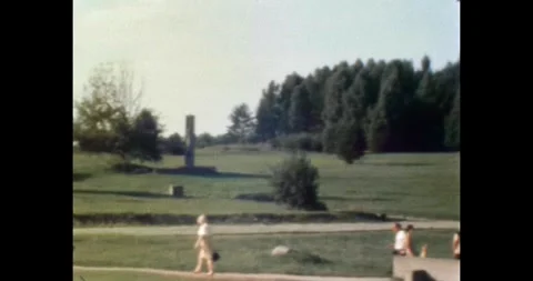 Belarus - circa 1970s: Panoramic view of Khatyn memorial complex landscape 스톡 동영상 331510952