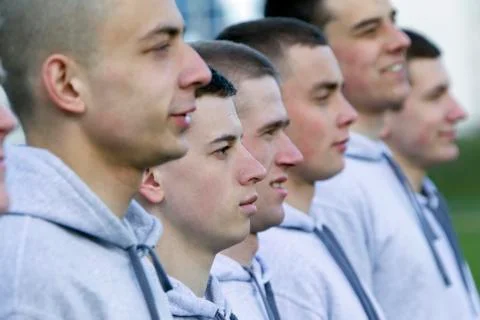 Belarus, the city of Gomil, April 12, 2017. Many male faces in profile. A large Stock Photos