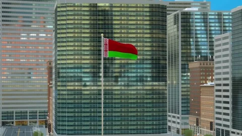 Belarus Flag 3D Render Animation on Pole with Modern Business District Build Video stock 332880940