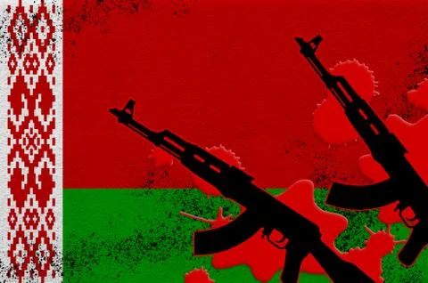 Belarus flag and two black AK-47 rifles in red blood. Concept for terror atta Stock Illustration