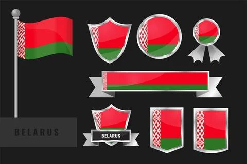 Belarus Flag Icon Set with Metallic Silver Shields, Circular Badges and Wav.. Stock Illustration