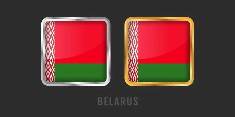 Belarus Flag Square 3D Button Set in Gold and Silver Metallic Frames Illustrazione stock