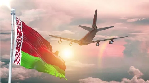 Belarus flag Waving Realistic With Sky Plane Takes Off At Sunrise Stock Footage 294595655