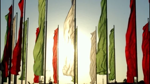 Belarus. Flags flying in the wind in the rays of the setting sun Stockbeeldmateriaal 101433300