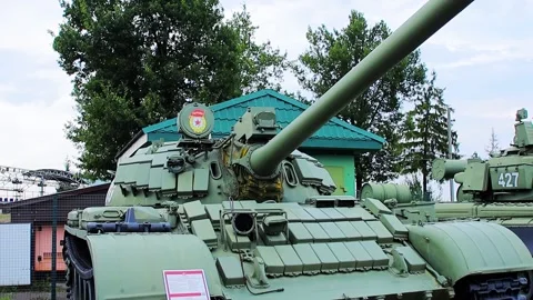 Belarus, Historical complex Stalin Line , May 13, 2023 - Soviet tank T55MB. The Stock Footage 297255190