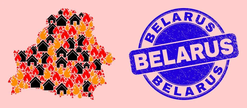 Belarus Map Collage of Fire and Houses and Grunge Belarus Seal Stamp Ilustración de archivo