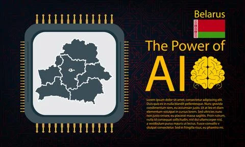 Belarus map with microchip war and AI concept on circuit board, Power of AI.. Ilustração Stock