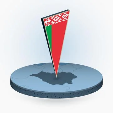Belarus map in round isometric style with triangular 3D flag of Belarus Stock Illustration