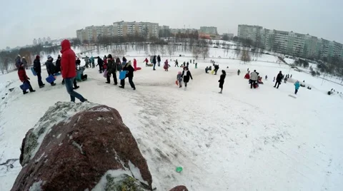  Belarus, Minsk. Children ride on a hill in the city. Stock Footage 59141379