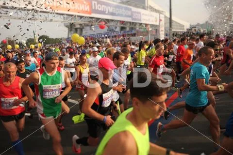 Belarus, Minsk, September 9, 2018: athletes run a half marathon race in the c Stock Photos