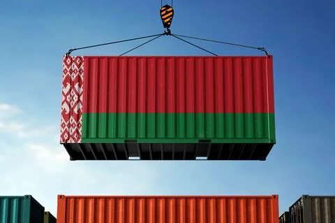 Belarus trade cargo container hanging against clouds background Stock Illustration