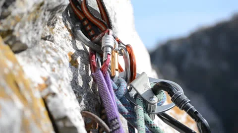 Belaying through autolocking device Stock Footage 23764788