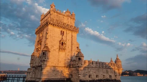Belem tower is an ancient fort timelapse at sunset, Lisbon, Portugal 스톡 동영상 97720581