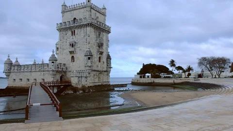 Belem tower at the bank of Tejo River, Lisbon, Portugal Stock Footage 112654441