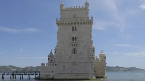 Belem Tower limestone facade above the Tagus river in Lisbon Portugal Stock Footage 345546250