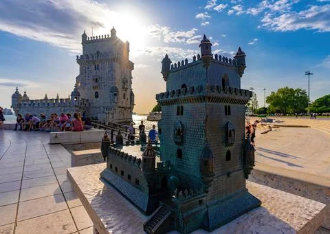Belem tower in Lisbon and a model of the tower Stock Photos