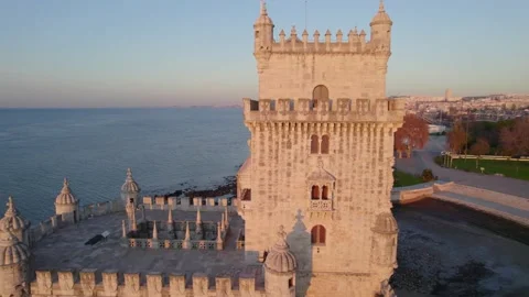 Belem tower in Lisbon, drone flying around famous landmark medieval fort Stock Footage 169655368