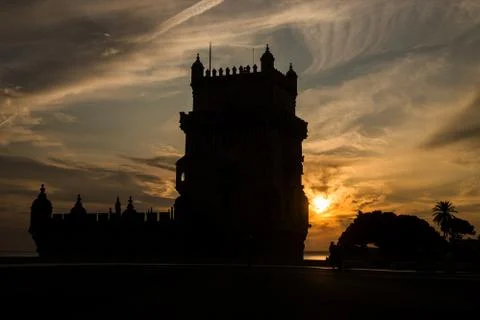 Belem tower in Lisbon on sunset background Stock Photos