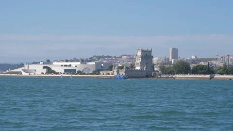 Belem Tower in Lisbon view from river tagus Portugal slow motion 4k Stock Footage 120158967
