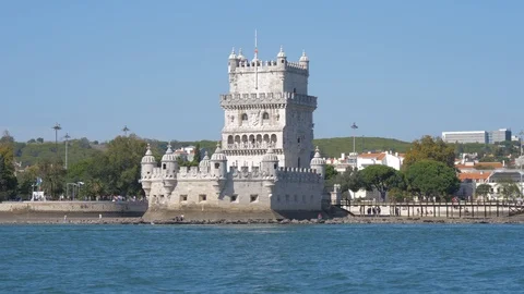 Belem Tower in Lisbon view from river tagus Portugal slow motion 4k Stock Footage 120159132