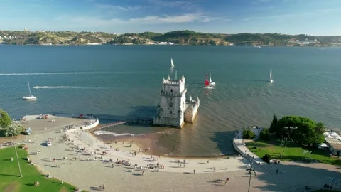 Belem Tower Pan Left To Right Above in Lisbon, Portugal Video stock 250179139