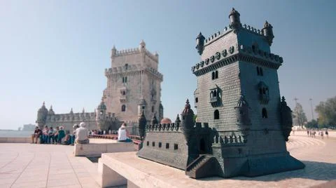 Belém Tower statue in front of the real one in Belem Portugal 2017 Stock Photos