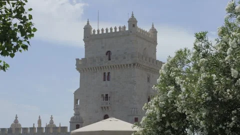 Belem Tower stone facade framed by oleander blossoms in Lisbon Portugal Stock Footage 345675890
