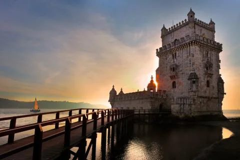 Belem Tower at sunset beautiful light in Lisbon, Portugal Stock Photos