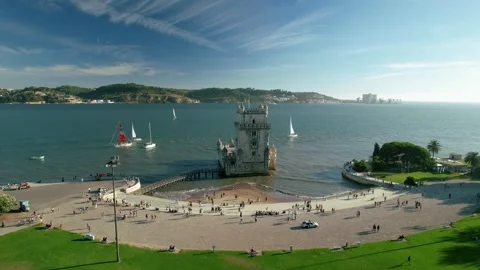 Belem Tower Tilt Down in Lisbon, Portugal. Great sky and cloud views. Video stock 250179144