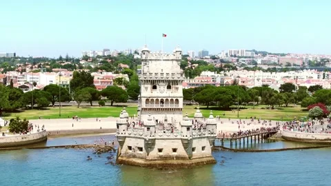 Belem Tower, Torre de Belem. Aerial drone Lisbon, Portugal 4k. Historic landmark Stock Footage 224529388