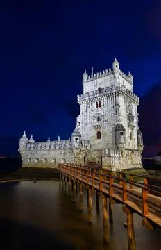 Belem Tower view, in the night light Stock Photos