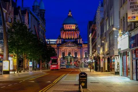 Belfast - August 2019: city hall by night Stock Photos
