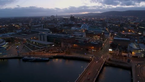 Belfast City Centre Night Aerial Stock Footage