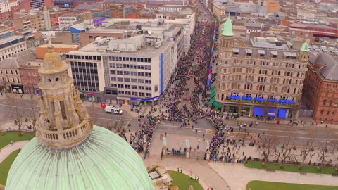 Belfast City Hall Dome St. Patrick's Parade - Aerial Orbit Stock Footage 314320609