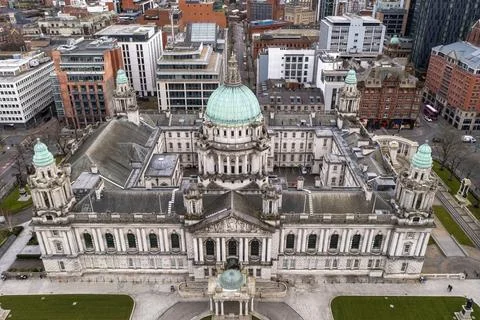 Belfast City Hall front facade aerial view with copper dome Stock Photos
