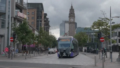 Belfast Glider with Albert Memorial Clock  Belfast/UK - 10.06.2019 Stock Footage 115614686