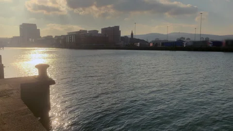 Belfast Harbour View at Golden Sunset Stock Footage 306770085