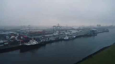 Belfast harbourwith boats moored, overcast clouds, drone aerial 4K Stock Footage