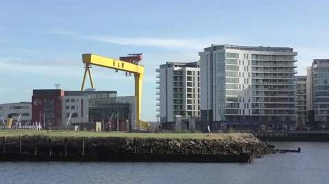 Belfast River Lagan large yellow shipbuilding gantry crane Stock Footage 59987498