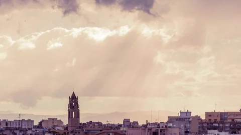 Belfry of St. Peter in Reus with dark storm clouds timelapse Stock Footage 90760516