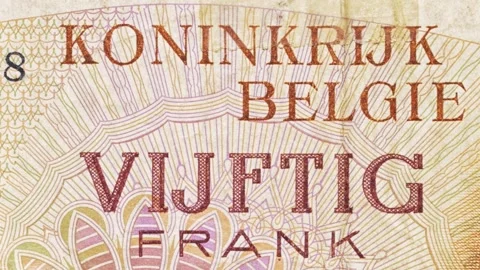 Belgian 50 Francs Macro Pan Showing Text and Security Pattern Stock Footage 315206751