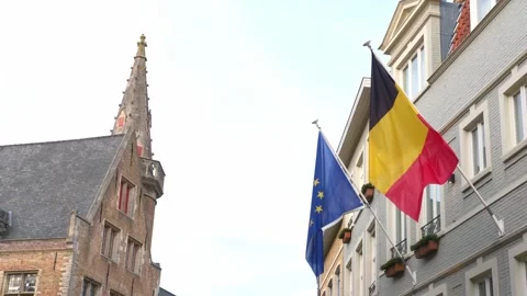 Belgian and EU flags swaying in wind against historic buildings in Belgium Stock-Footage 330285939