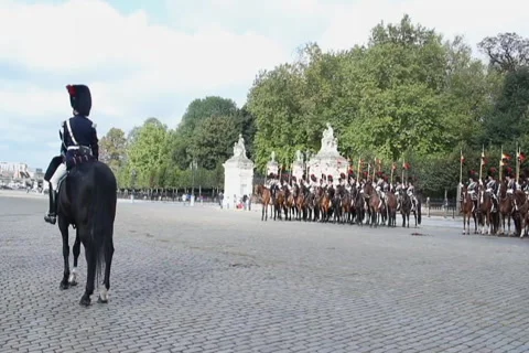 Belgian cavalry guards on Royal parade in uniforms on horses, click for HD Stock Footage 43920522